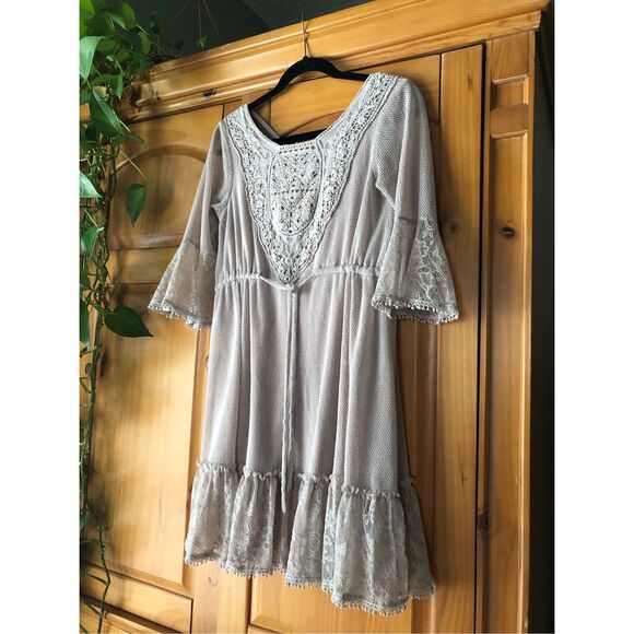 Altar’d State Dress Crochet Lace Taupe Peasant Boho Size S - Picture 1 of 11